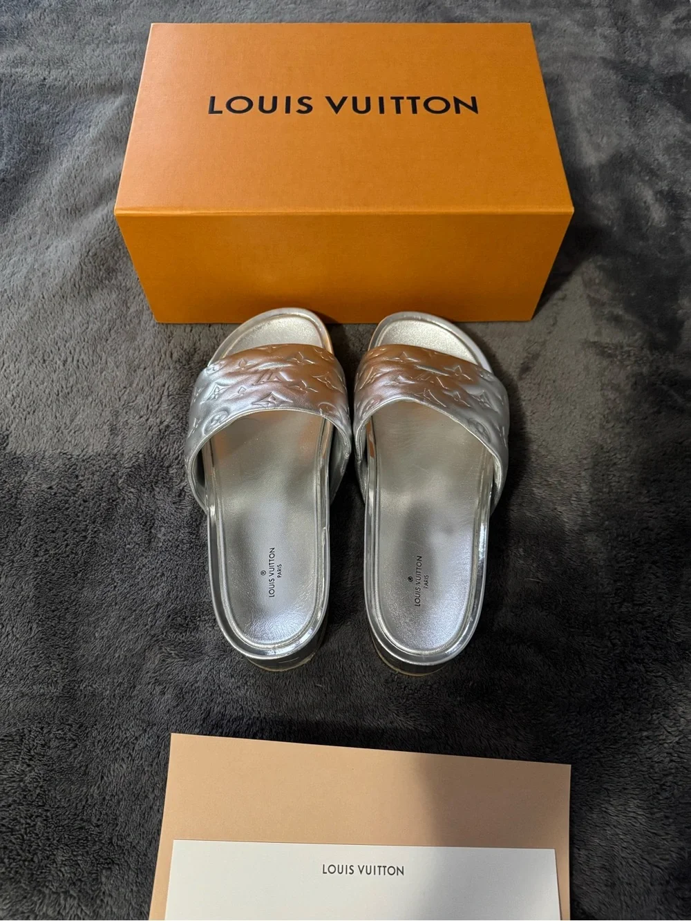 Louis Vuitton Silver Monogram Platform Slides